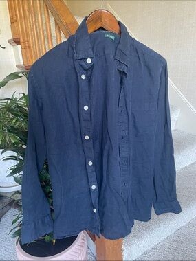Orvis 100% Linen Navy Blue Long-Sleeve Button-Down Shirt